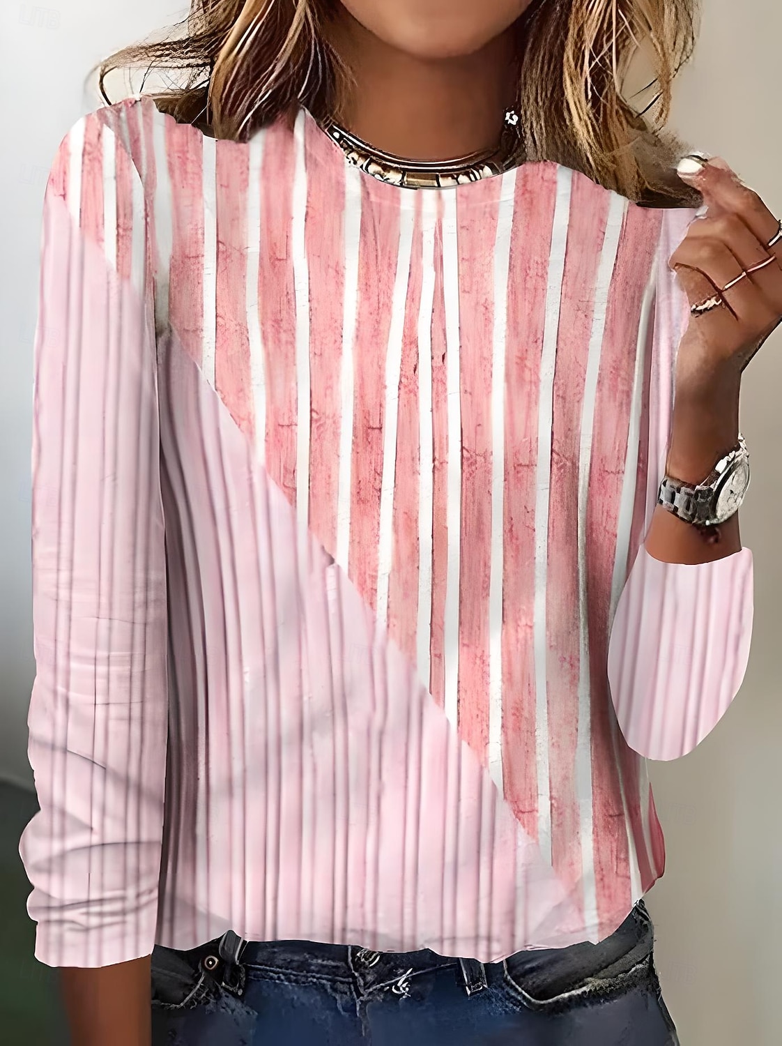 Dame T skjorte Grafisk Geometrisk Stripet Elegant Årgang Mote Langermet Crew-hals Rund hals Vanlige topper Daglig Ut på byen Helg Trykt mønster Rosa Blå Sommer Vår 2025 - $22.99 –P1