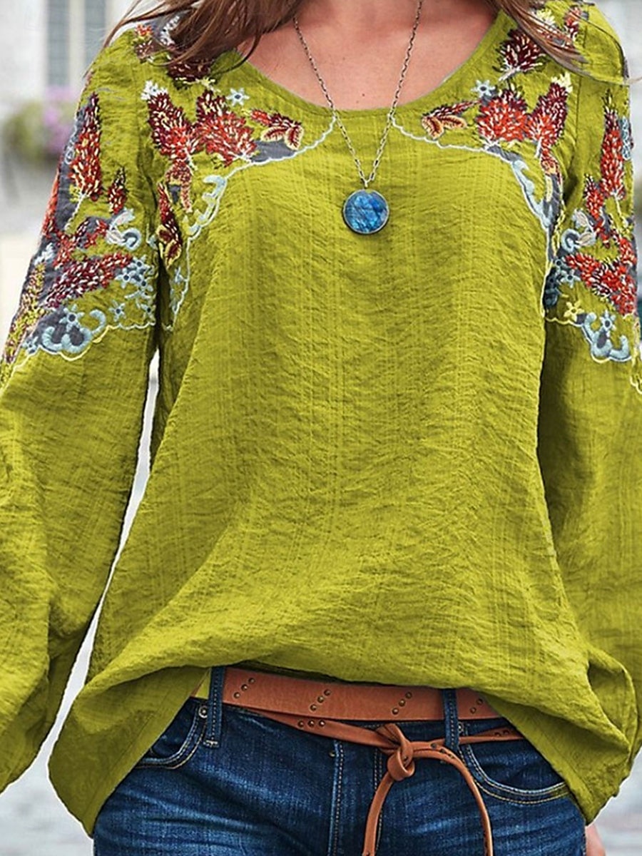 Dame Bluse Grafisk Stilfull Etnisk Fritid Langermet Crew-hals Vanlige topper Daglig Broderi Grønn Sommer Vår 2025 - $32.99 –P1