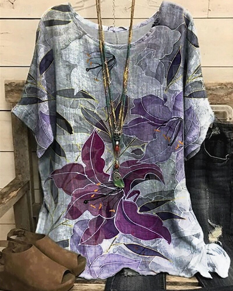 Women's Shirt T Shirt Tee Top Flowers Elegant Fashion Modern Short Sleeve Crew Neck Regular Tops Daily Weekend Print White Pink Blue Purple Green Summer 2025 - $16.99 –P1