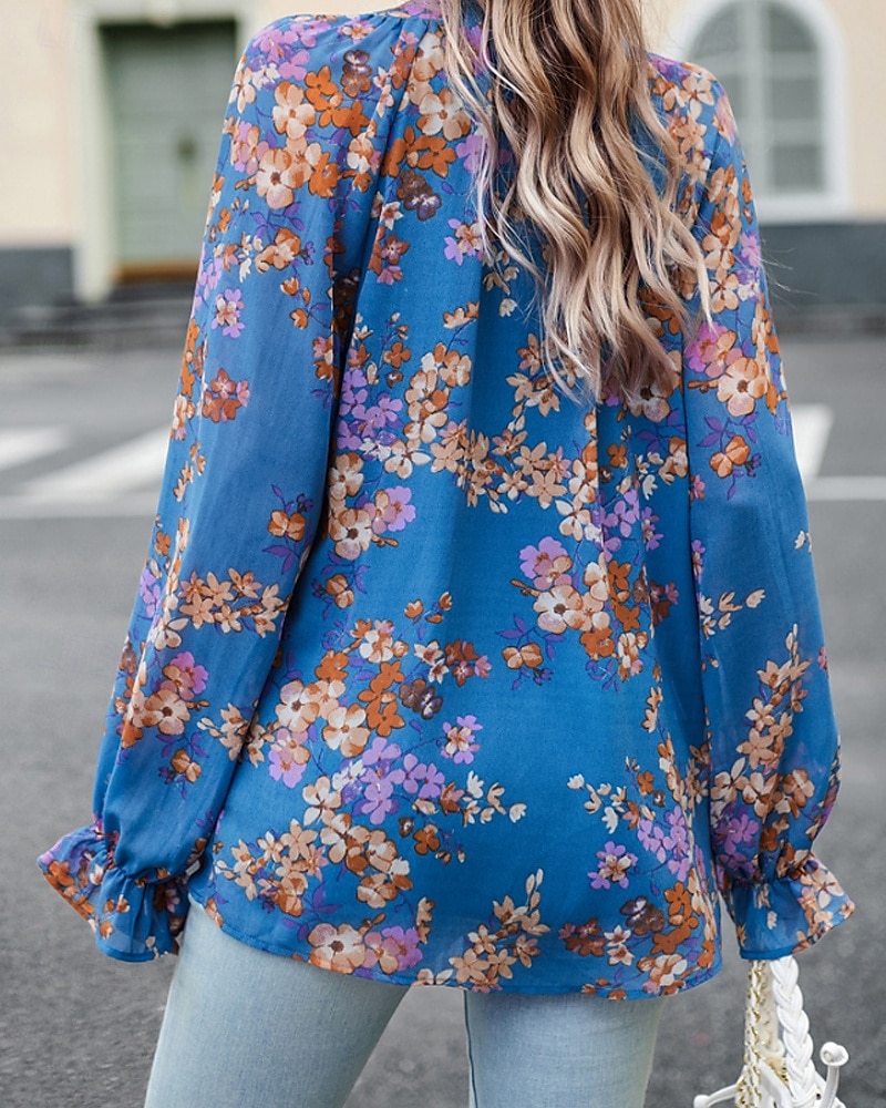 Femmes Chemise Bohème Chemisier Fleur Moderne Boho manche longue Col en V Hauts Réguliers Quotidien Sortir Imprimé Noir bleu marine Bleu Abricot Été de 2025 ? $26.99 –P15