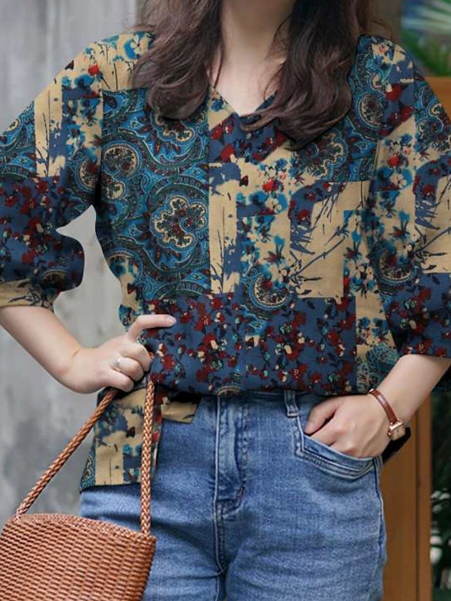 Dames Overhemd Bloemig Dagelijks Retro vintage Modern Lange mouw Overhemdkraag Normale tops Dagelijks Feestdagen Knop Afdrukken Rood blauw Khaki Zomer 2025 - $14.49 –P10