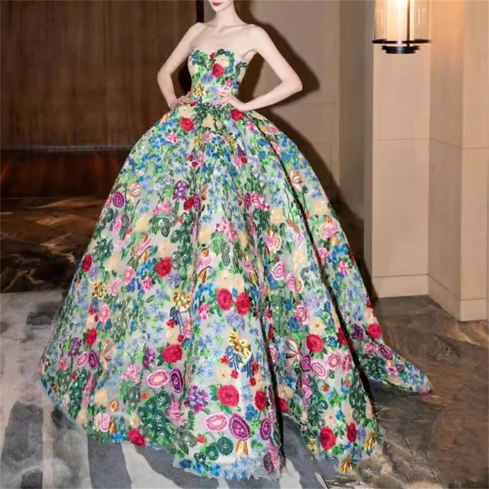 Abito da Ballo Quinceanera Elegante Abito Formale Matrimonio Lunghezza Piena Senza Maniche Senza Spalline Tulle Senza Schiena con Stampa Floreale Abito Ospite Matrimonio 2025 del 2025 a $219.09 –P3