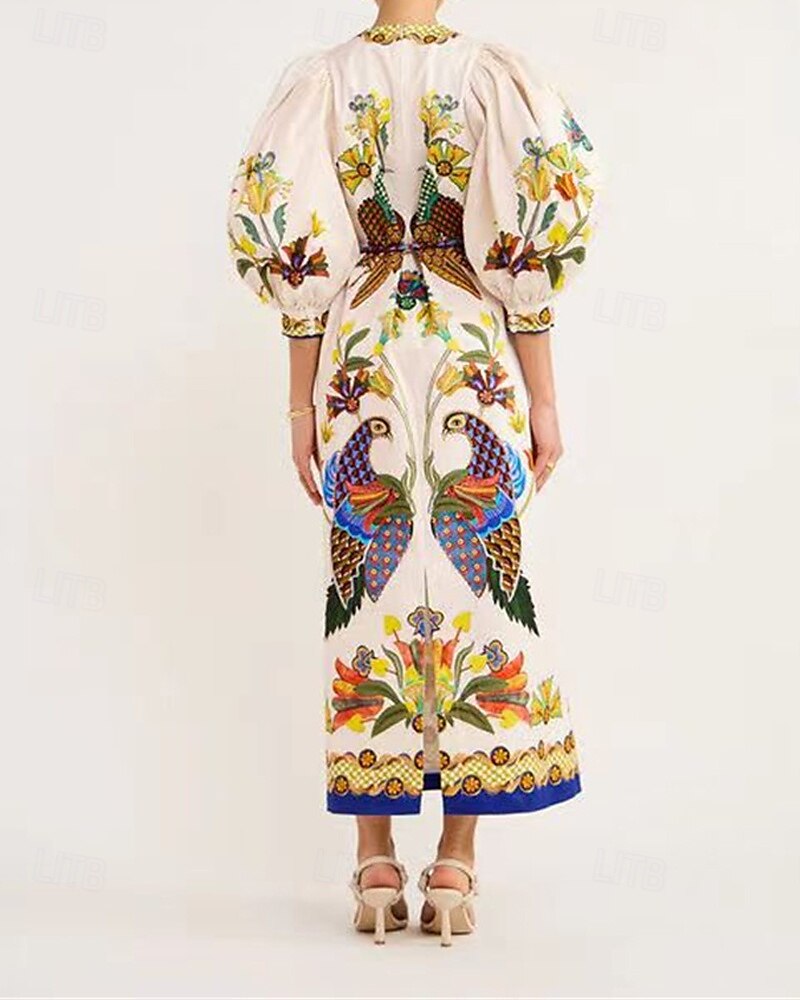 Damen Langes Kleid Maxikleid Baumwoll-Leinen-Kleider Freizeitkleid Mode Outdoor Party Ferien Normale Passform Tiermotiv Langarm Rundhalsausschnitt Beige Sommer 2025 - $42.99 –P4