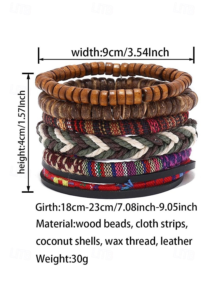 Men's Boho Multi-layer Beaded Braided Bracelet Set, Various Material Designs - Wood, Leather and Rope, Tribal Style, Beach and Casual Wear 2026 - $11.99 –P6