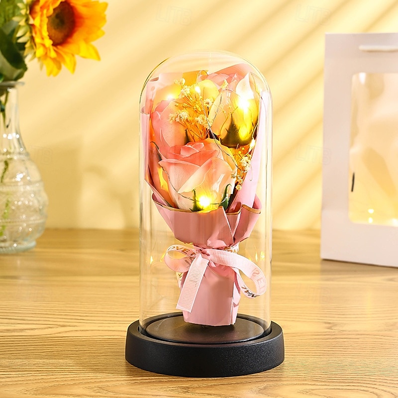 El ramo de rosas eternas, regalo para mamá, flores de jabón preservadas en cúpula de vidrio con luz, decoración de cumpleaños del día de la madre para mujeres 2026 - $15.99 –P10
