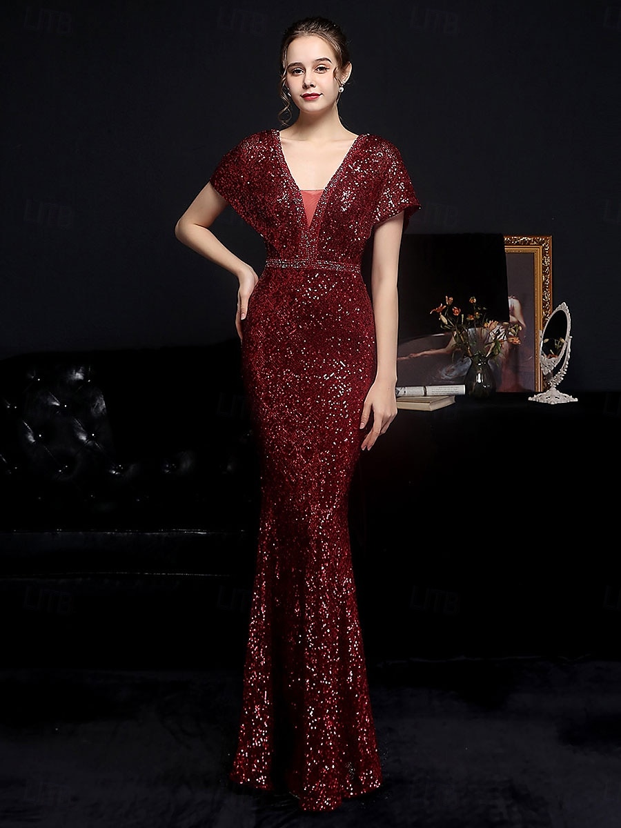 Mermaid trumpet quinceanera kjoler elegant kjole formell bryllup gulvlengde kortermet V-hals paljett med paljett 2025 - $79.99 –P13