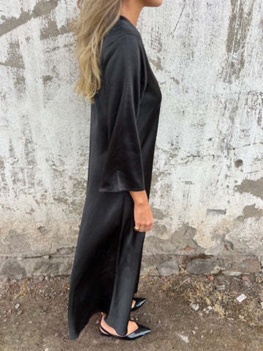 Damen Langes Kleid Maxikleid Kleider mit Leinenstruktur aus Poly-Baumwolle Freizeitkleid Sommerkleid Klassisch Modern Täglich Wochenende Normale Passform Einfach Dreiviertelarm V Ausschnitt Schwarz 2025 - $28.99 –P6