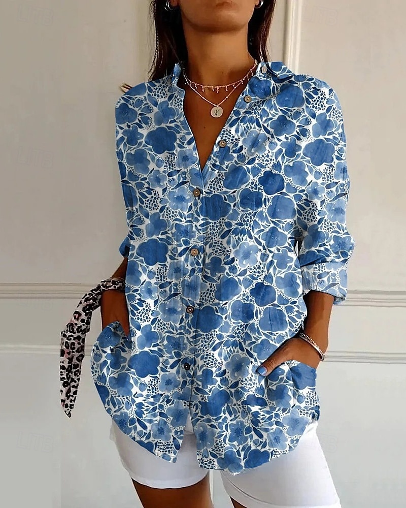 Dames Overhemd Bloem Dagelijks Stijlvol Basic Halve mouw V-hals Normale tops Dagelijks Feestdagen Afdrukken Blozend Roze blauw Bruin Lente Herfst 2025 - $25.99 –P3
