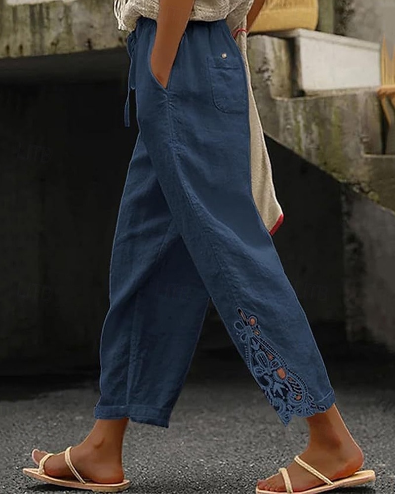 Women's Poly-Cotton Linen Texture Pants Cropped Pants Fashion Streetwear Comfort Ankle-Length Mid Waist Plain Lace Comfy Comfortable Street Daily Wear Going out Black White Blue Green Summer Regular 2025 - $14.49 –P7