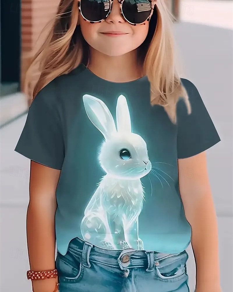 Девочки 3D Кролик Футболка С короткими рукавами Лето Весна Мода Классический Дети 4-12 лет Вырез под горло на открытом воздухе Повседневные Стандартный 2026 - $11.99 –P1