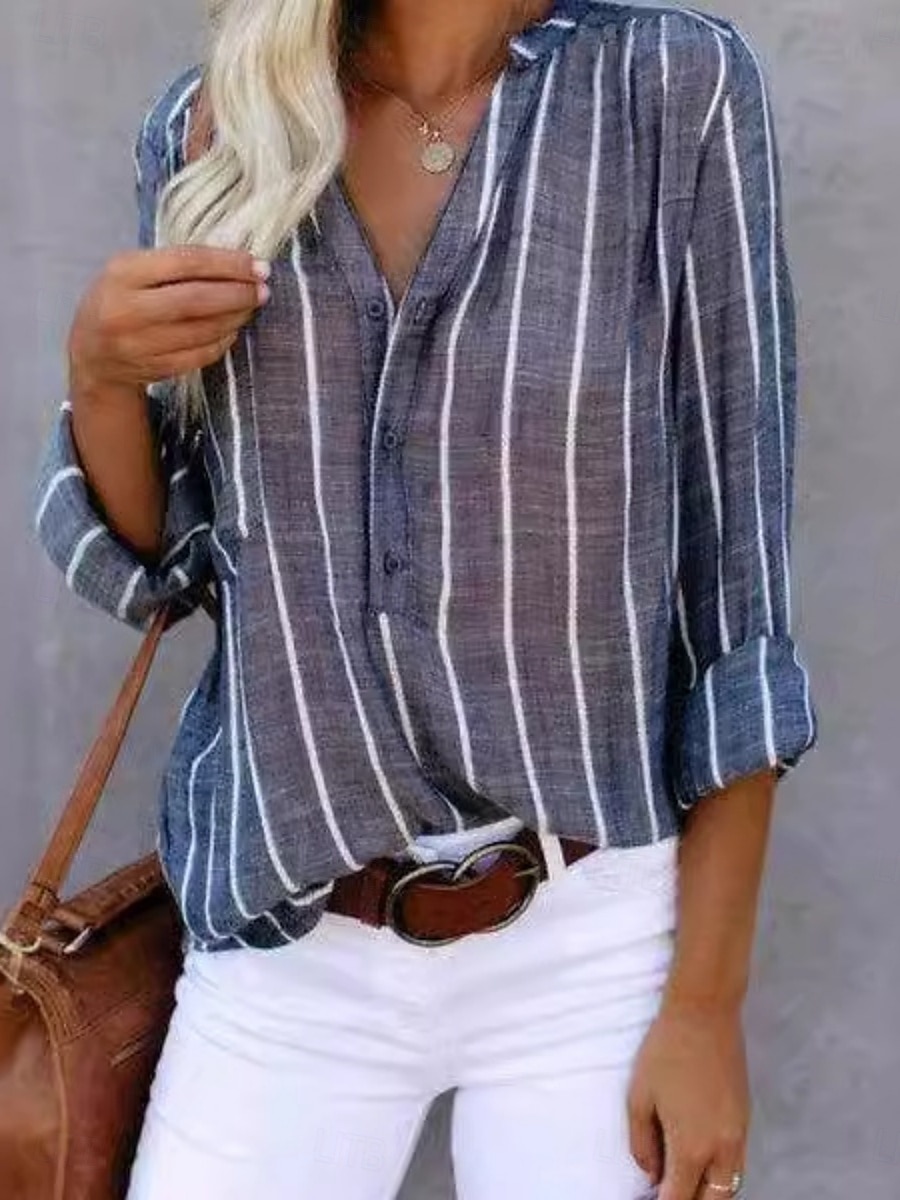Dames Overhemd Gestreept Stijlvol Casual Lange mouw V-hals Normale tops Dagelijks Afdrukken Wit blauw Grijs Licht Blauw Zomer Lente 2025 - $18.99 –P2