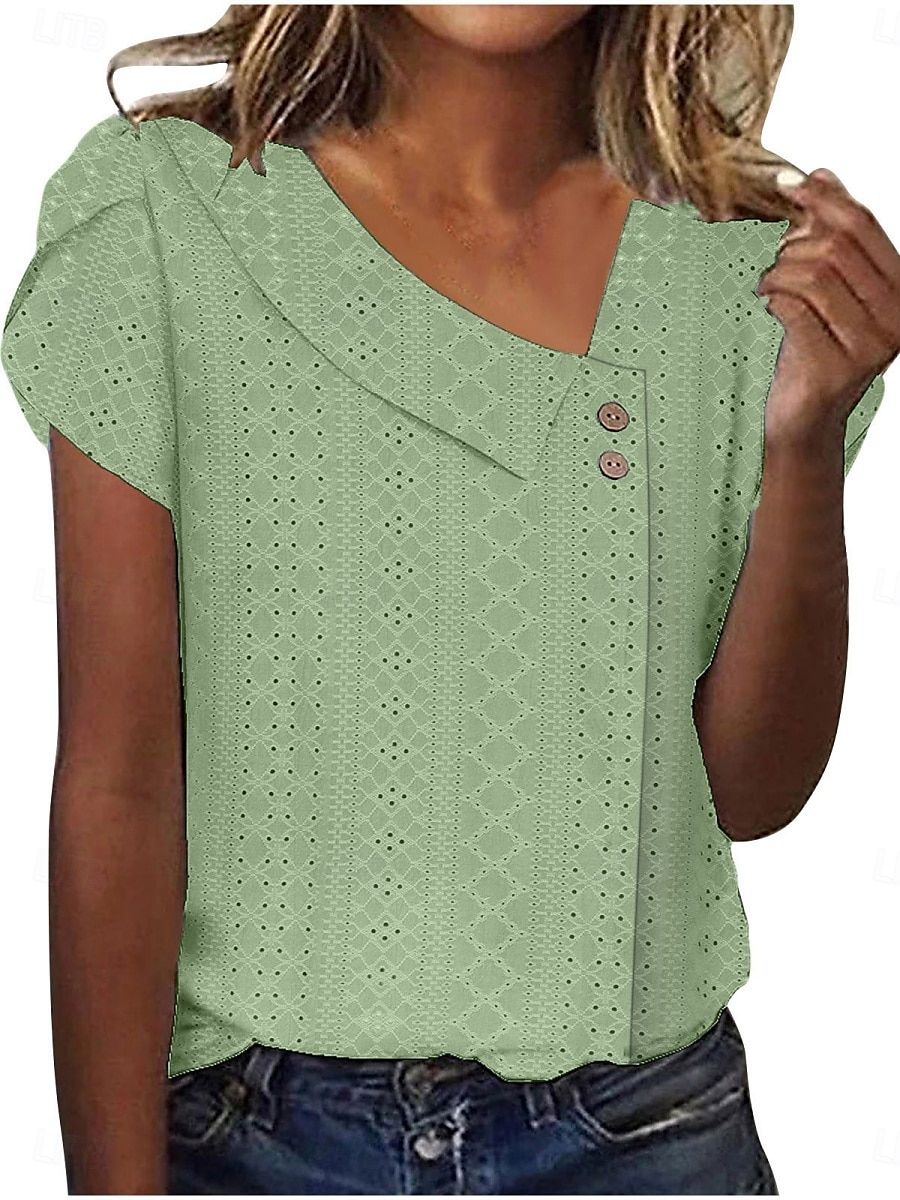Tricou pentru Femei Culoare Uniformă Simplă Modă Stilat Modern Mâneci Scurte Gât în V Ținute Zilnice Weekend Butoni Ochii Alb Galben Roz Albastru Violet Vară 2025 - $17.99 –P4