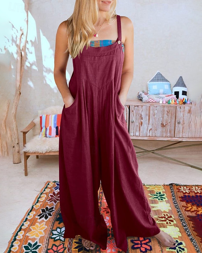 salopetă salopetă damă salopetă streetwear culoare uni fără mâneci decolteu în U buzunar stradă ieșire croială standard negru alb galben vară 2025 - $31.99 –P17