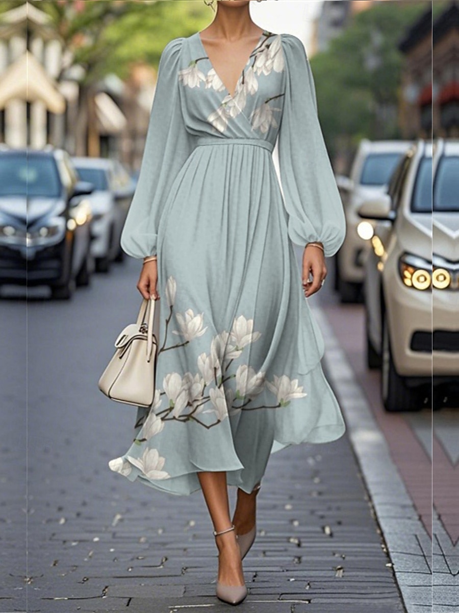 Damskie Sukienka maxi Sukienka A line Codzienny Na zewnątrz Wyjściowe Regularny Kwiaty Graficzny Długi rękaw W serek Niebieski Ciemnozielony Fuksja Zielony Lato 2025 - $39.99 –P1