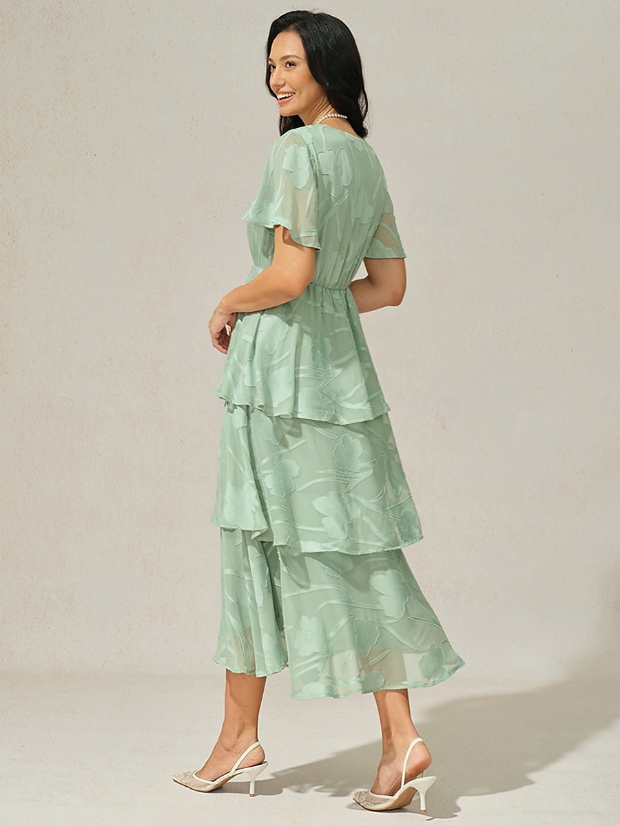 Dames Maxi-jurk A lijn jurk Elegant Formeel Flutter mouw Bruiloft gast Cocktailparty Normale pasvorm Effen Korte mouw V-hals Grijs-Groen Zomer 2025 - $59.99 –P4