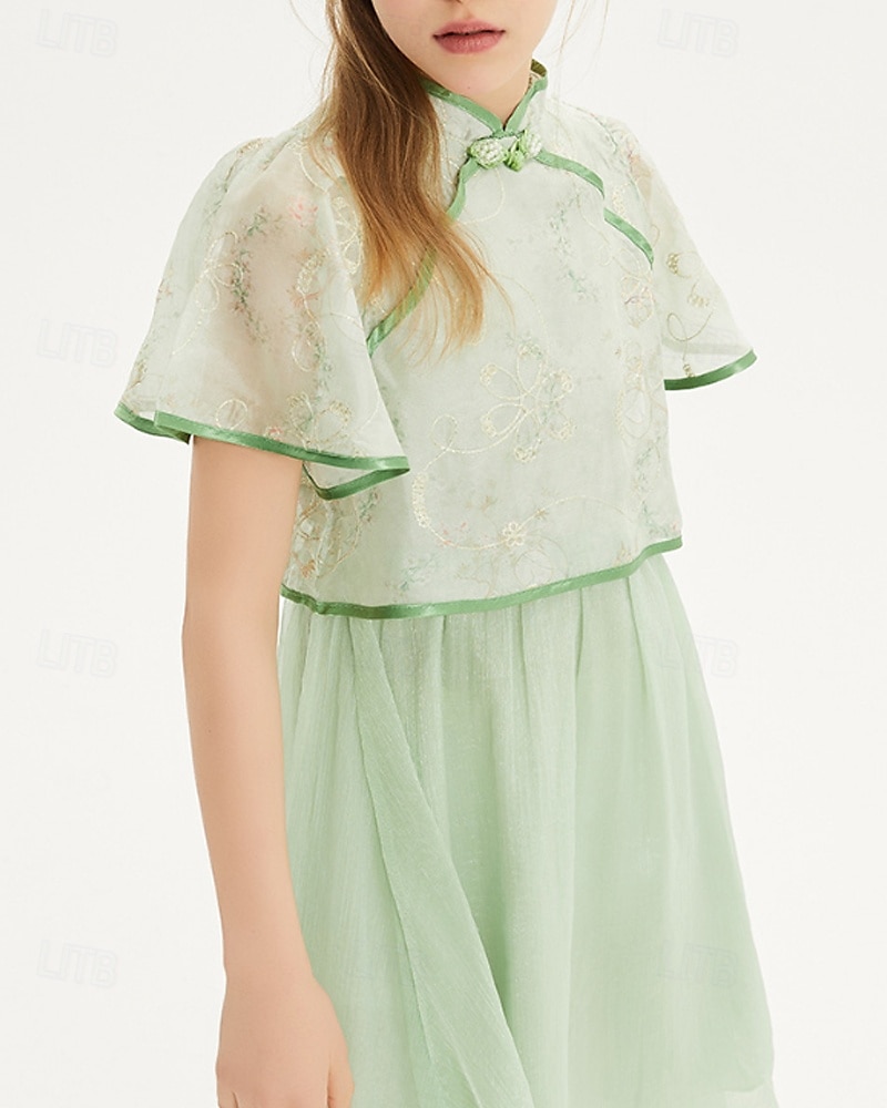 Kids Girls' Dress Solid Color Short Sleeve Outdoor Mesh Patchwork Adorable Polyester Knee-length Casual Dress Summer 4 years+ Green 2025 - $64.99 –P9