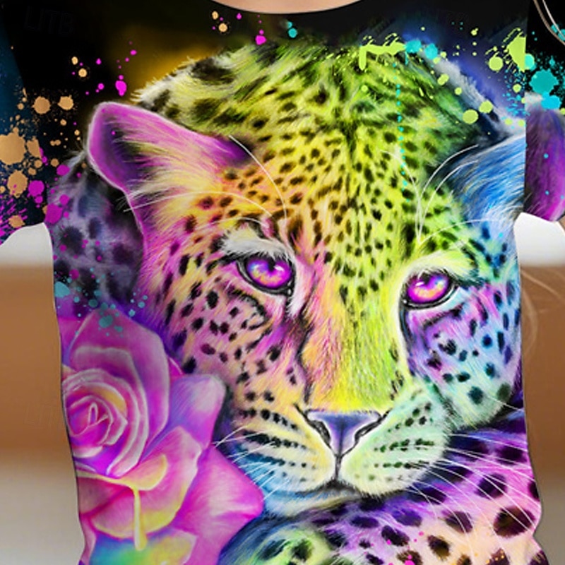 neon szivárványos leopárdmintás Sheena Pike lányka 3D-s állatos leopárdmintás póló, rövid ujjú, nyári tavaszi divat, alapvető gyerek 4-12 éves korig, kerek nyakú, kültéri, hétköznapi, normál szabású 2025 - $10.49 –P2