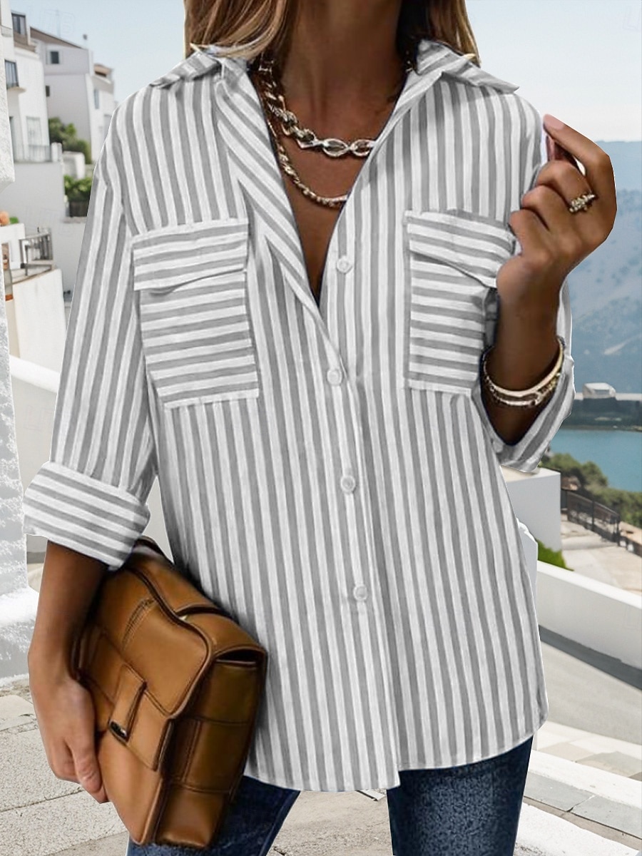 Pentru femei Cămașă de vară Cămașă casual Bluză Buzunar Nasturi Imprimeu Geometric Dungi Epocă Tropical Stilat Manșon Lung Răsfrânt Topuri obișnuite Zilnic Muncă Plajă Albastru piscină Galben Roz 2026 - $41.99 –P7