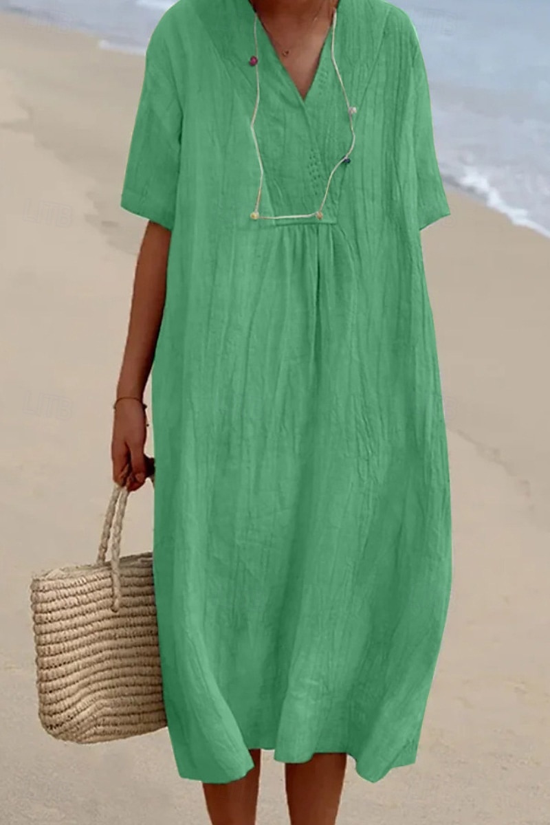 Femmes Robe Midi Robes en coton et lin Robe en coton et lin Mode Classique Moderne Vacances Quotidien Fête Coupe régulière Uni Manche Courte Col en V Vert Claire Rose Claire Bleu Vert Été de 2025 ? $26.99 –P6