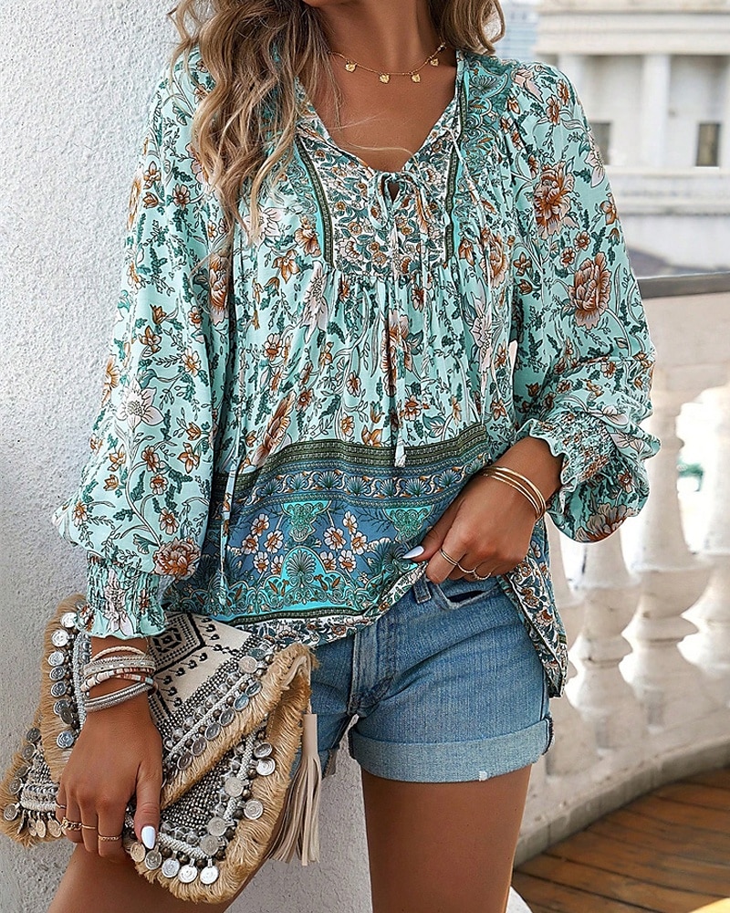 Damen Hemd Boho-Hemd Sommeroberteile Blume Täglich Stilvoll Lässig Langarm V Ausschnitt Normale Oberteile Arbeit Täglich Ferien Druck Rosa Marineblau Blau Frühling Herbst 2025 - $22.99 –P6