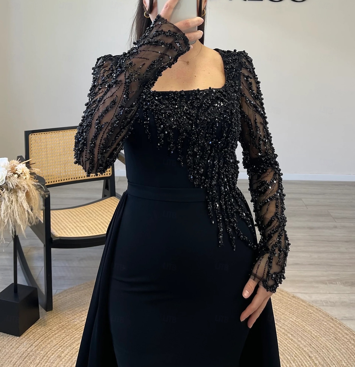 Robe de Soirée Sheath  Colonne Robe Élégante Carnaval Formelle Longueur de sol Manches longues Col illusion Détachable Crêpe extensible avec Paillettes et Perles de 2025 ? $154.99 –P4