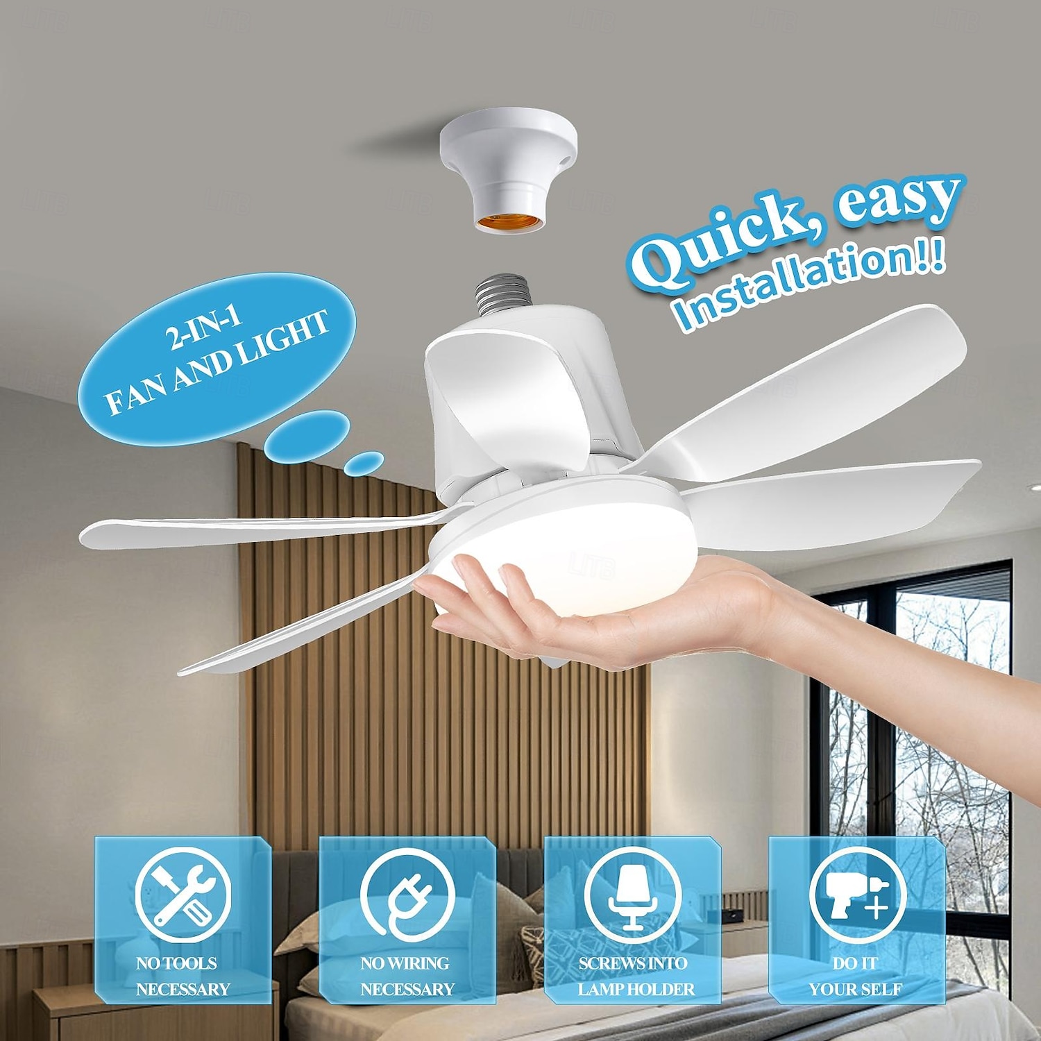 1 Pc 42cm/16.5 Inch Socket Fan Light with Remote, Small Ceiling Fans with Lights, LED Light Bulb Fan, Easy Install Screw-in E26/E27 Base for Bedroom Kitchen Garage Living Room 2025 - $32.99 –P7
