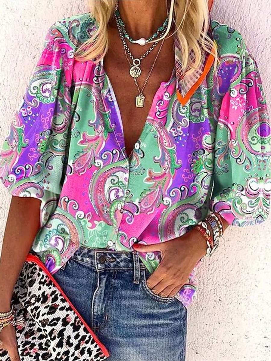 Dame Bluse Grafisk Paisly Fargeblokk Bohem Daglig Fritid 3/4 ermer Høyhalset Vanlige topper Knapper Trykt mønster Gul Lilla Oransje Sommer Vår 2025 - $34.99 –P1