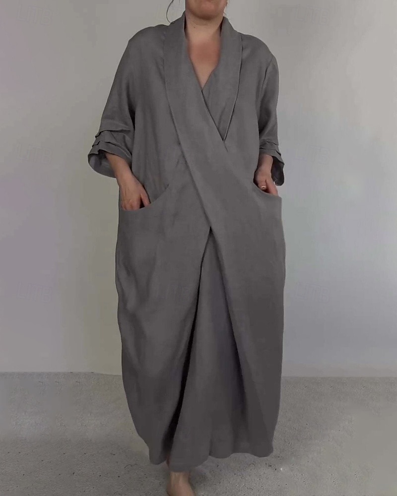 Per donna Abito Lungo Maxi Abito Abito in cotone e lino Moda Moderno All'aperto Vacanza Ferie Vestibilità regolare Semplice Mezza Manica Scollo a V Nero Bianco Blu Viola Estate del 2025 a $26.99 –P1