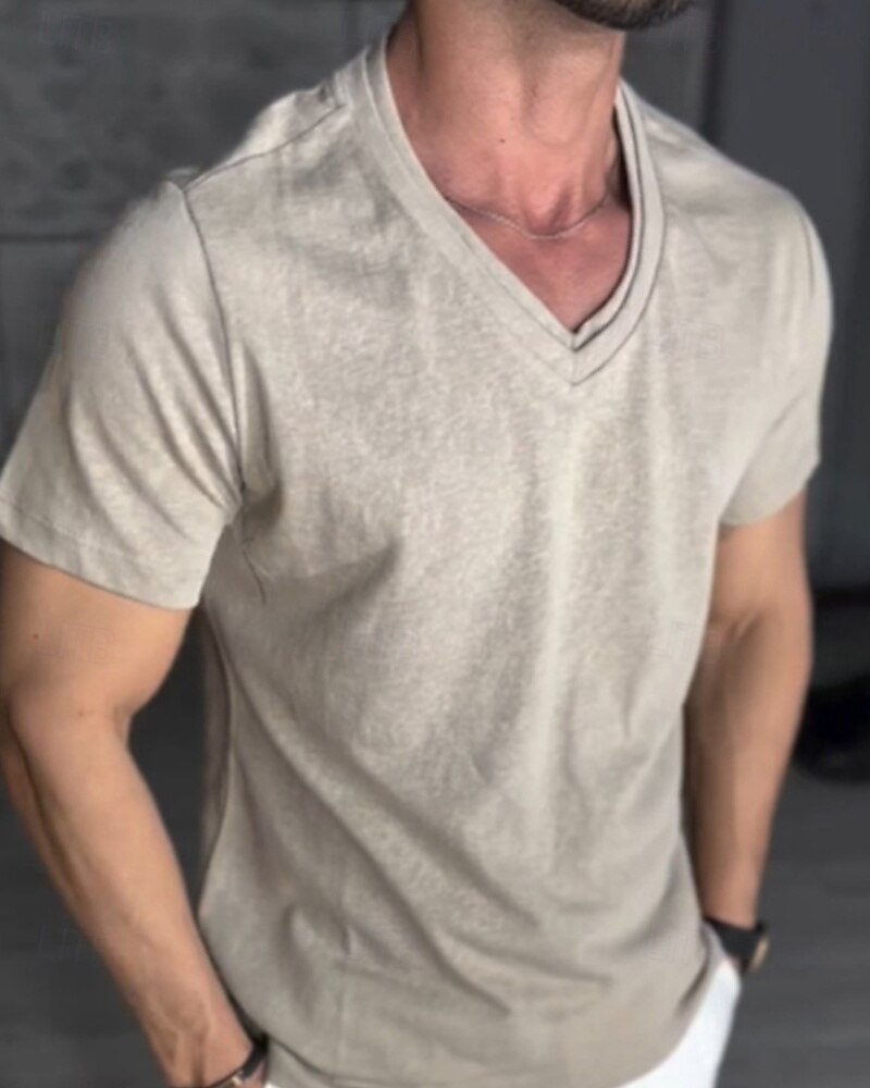 Homens Camiseta Camisetas Camisa de manga curta T-shirt Manga Curta Decote V Verão Tecido Moda Designer Básico Clássico Férias Rua Para Noite Preto Branco cáqui Top Tee para Homens de 2026 por $19.49 –P4