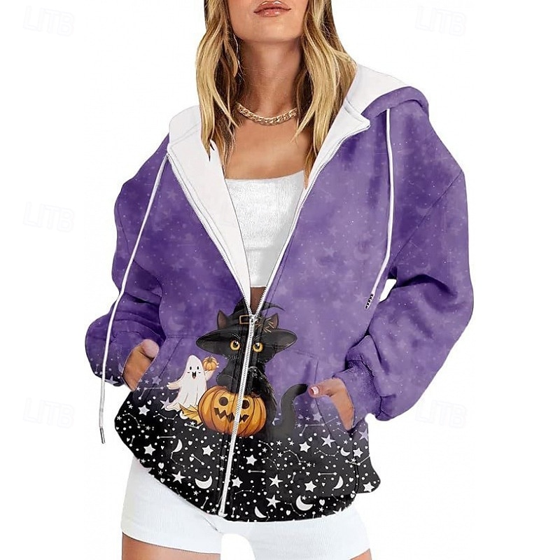 Mulheres Jaqueta casual Casaco com capuz Manter Quente Confortável Zíper Bolsos Imprimir Moda Flor Ao ar livre Para Noite Zíper Padrão Com Capuz Normal Manga Longa agasalhos Preto Roxo Laranja Outono de 2025 por $22.99 –P5
