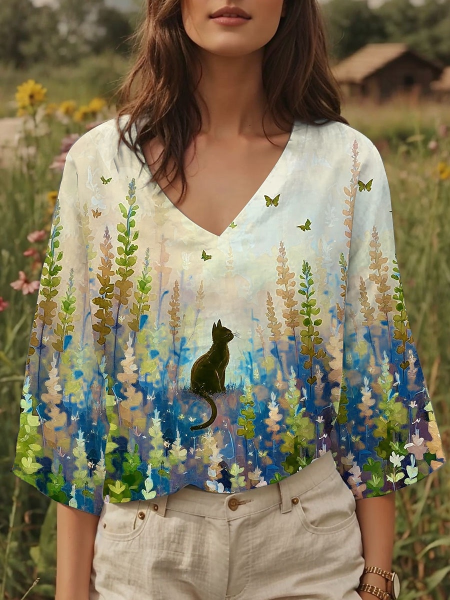Dame Bluse Blomstret Grafisk Katt Stilfull Fritid 3/4 ermer V-hals Vanlige topper Daglig Gul Blå Lilla Sommer Vår 2025 - $24.99 –P2