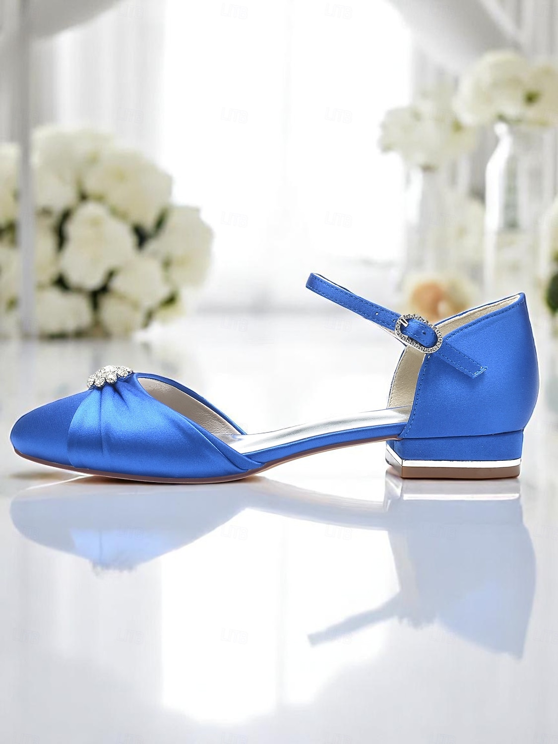 Женские свадебные туфли из серебристого атласа со стразами и ремешком на щиколотке, элегантные и удобные, идеально подходят для официальных свадеб 2026 - $64.99 –P5