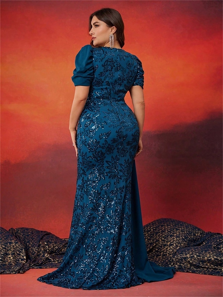 Meerjungfrau Trompete Plus Size Kleider Elegantes Kurvenkleid Formelles Hochzeitskleid Bodenlang Kurzarm V-Ausschnitt Pailletten mit Pailletten 2025 2025 - $169.99 –P6