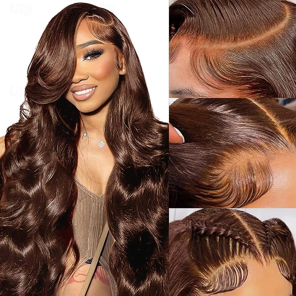 Parrucca in capelli umani castani 4#, parrucca in pizzo 360, parrucca in pizzo con capelli umani ondulati, densità 150% del 2025 a $184.99 –P2