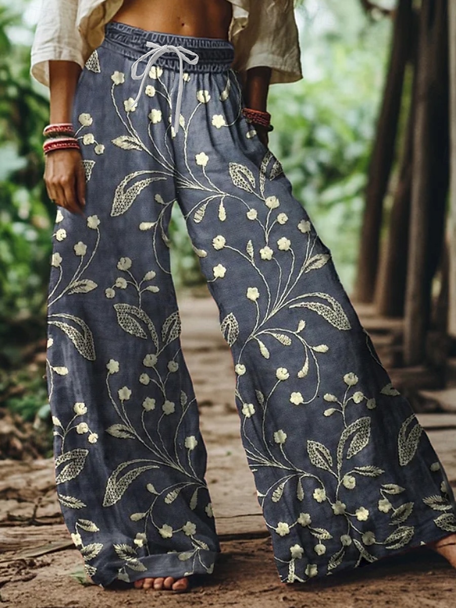 Women's Wide Leg Chinos Baggy Pants Vacation Vintage Ethnic Style Full Length High Waist Floral Graphic Printing Thermal Warm Breathable Soft Micro-elastic Vacation Street Causal claret Deep Green 2025 - $24.99 –P4