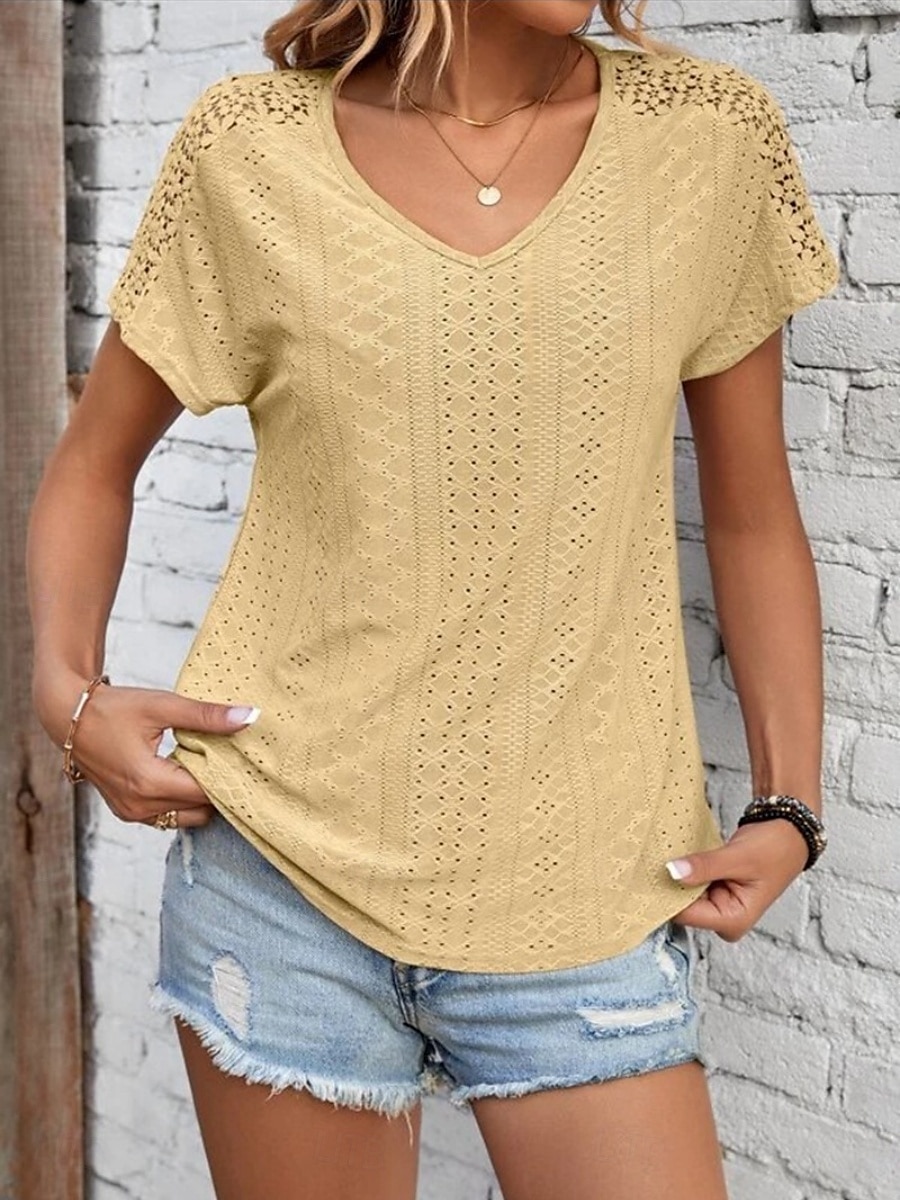 Femmes T-shirt Uni Mode Moderne Occasionnel Manche Courte Col en V Hauts Réguliers Quotidien Week-end Œillet Noir Blanche Jaune Rose Claire Été de 2025 ? $23.99 –P16