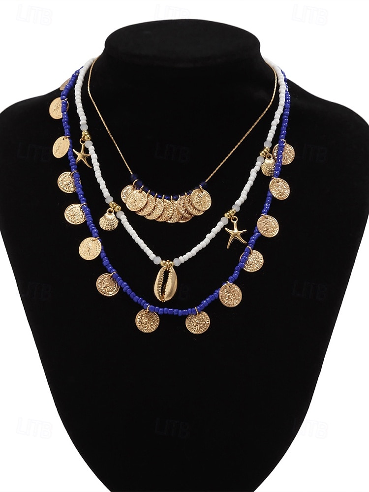 Ensemble de colliers à breloques coquillages et pièces de monnaie en perles dorées et bleues pour femmes – colliers superposés de style bohème de plage avec des accents d'étoiles de mer et de coquillages pour l'été et les vacances de 2025 ? $11.99 –P6