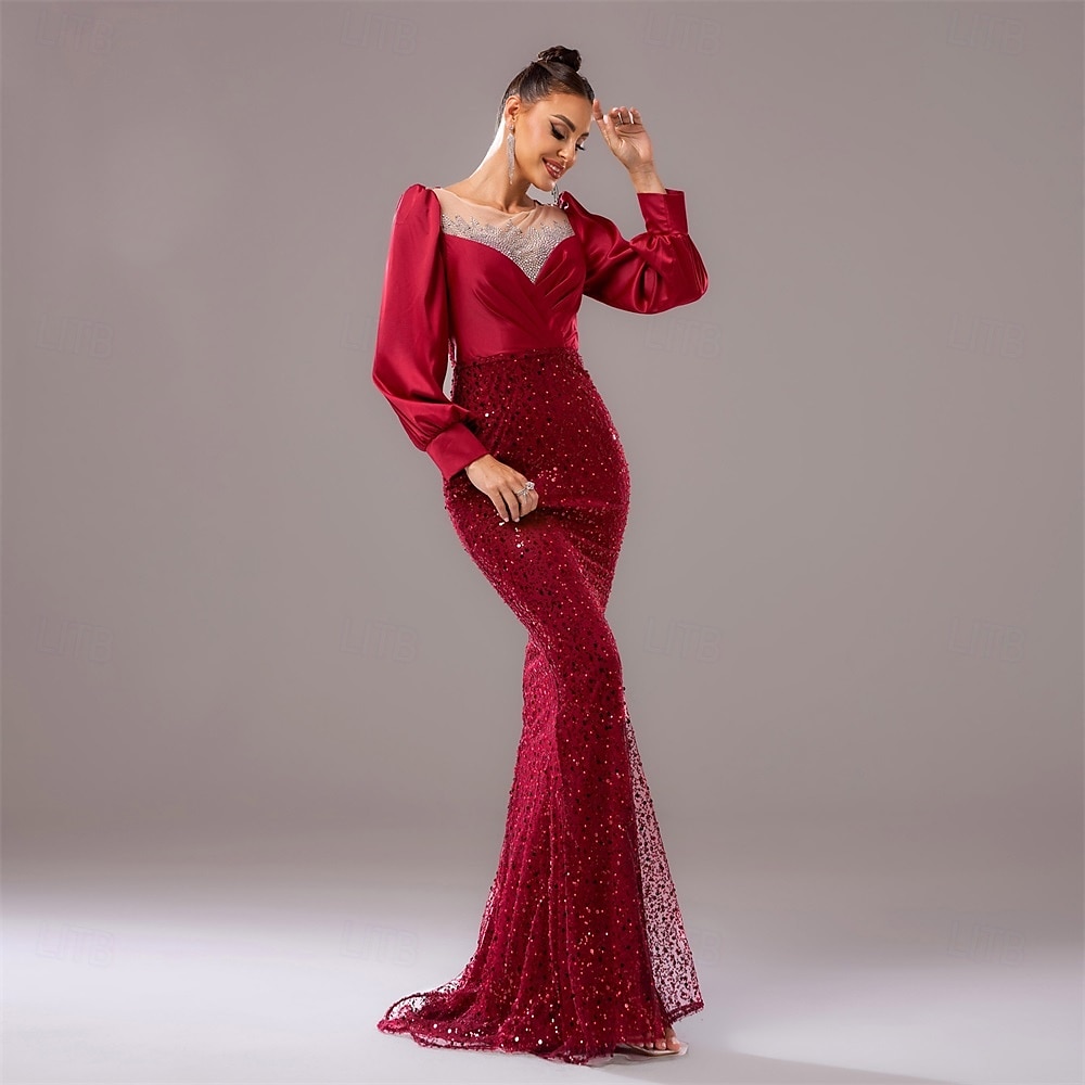 Robe de soirée noire cravate noire robe élégante mariage invité longueur au sol manches longues col rond sequins avec plis de 2025 ? $135.99 –P3