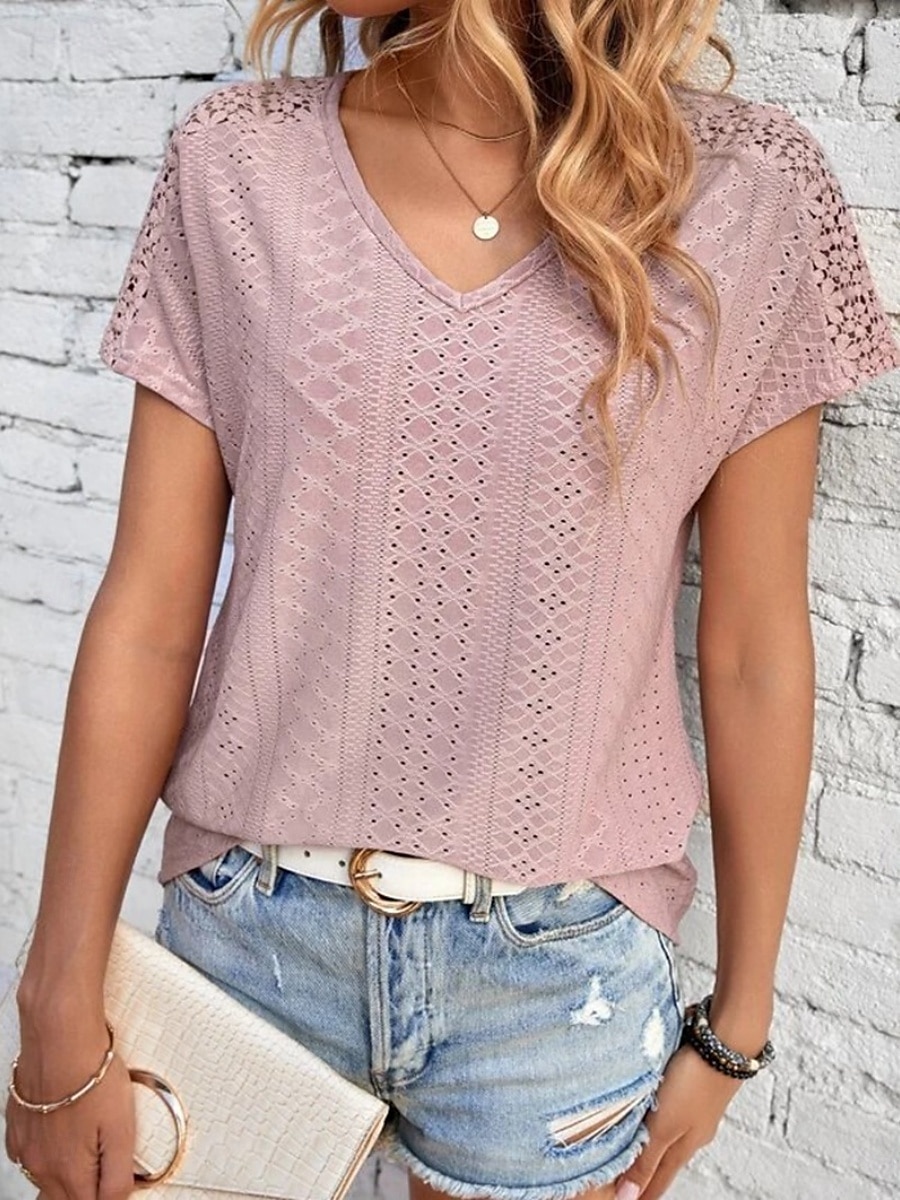 Femmes T-shirt Uni Mode Moderne Occasionnel Manche Courte Col en V Hauts Réguliers Quotidien Week-end Œillet Noir Blanche Jaune Rose Claire Été de 2025 ? $23.99 –P18