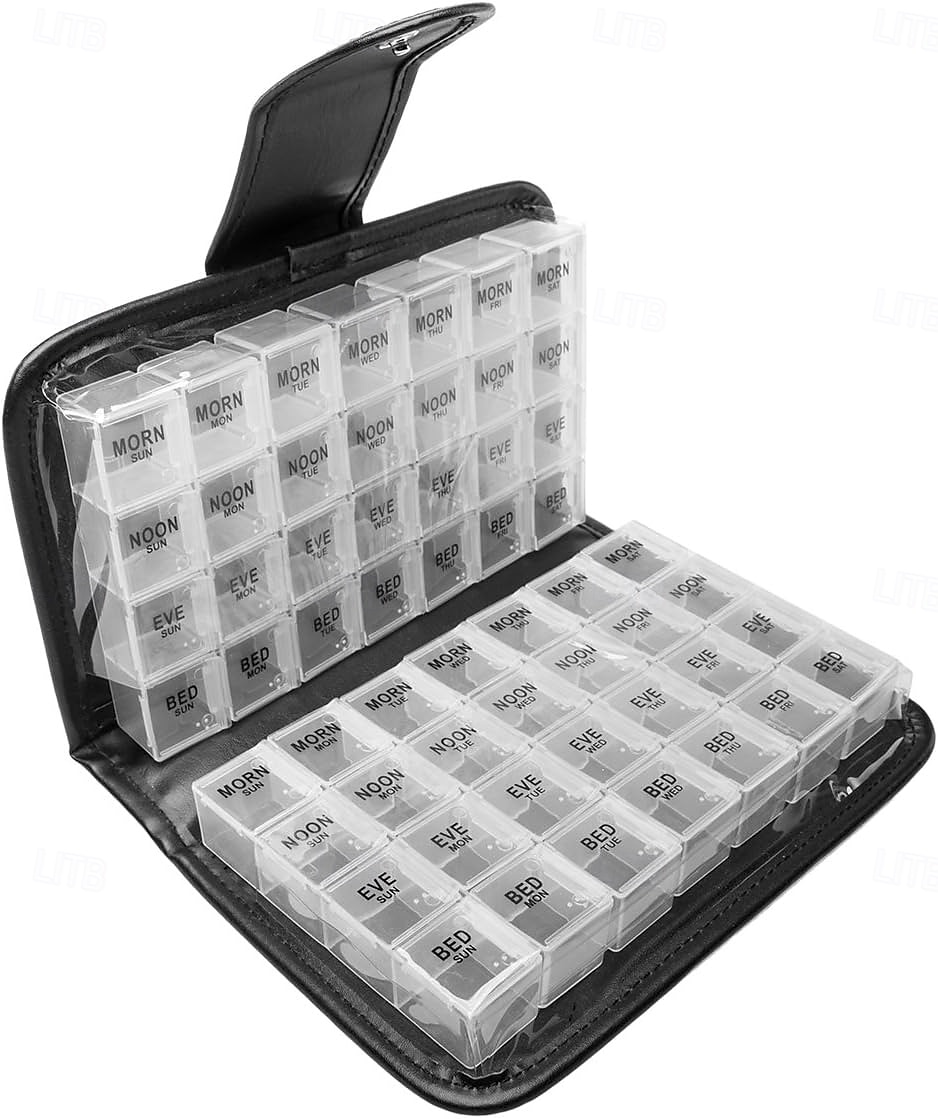14-Tage-Pillenbox mit Reiseetui aus PU, wöchentliche Pillenbox für morgens und abends, 56 Fächer, tragbarer Medikamentenbehälter für Tages- und Nachtpillen 2025 - €16.99 –P6
