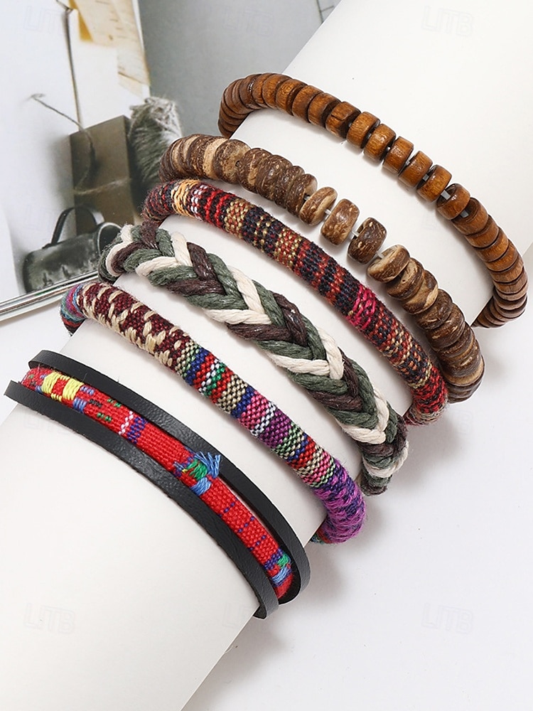Pánská sada vícevrstvých pletených korálkových náramků v boho stylu, různé materiálové provedení - dřevo, kůže a provaz, kmenový styl, plážové a běžné nošení 2025 - $9.99 –P3