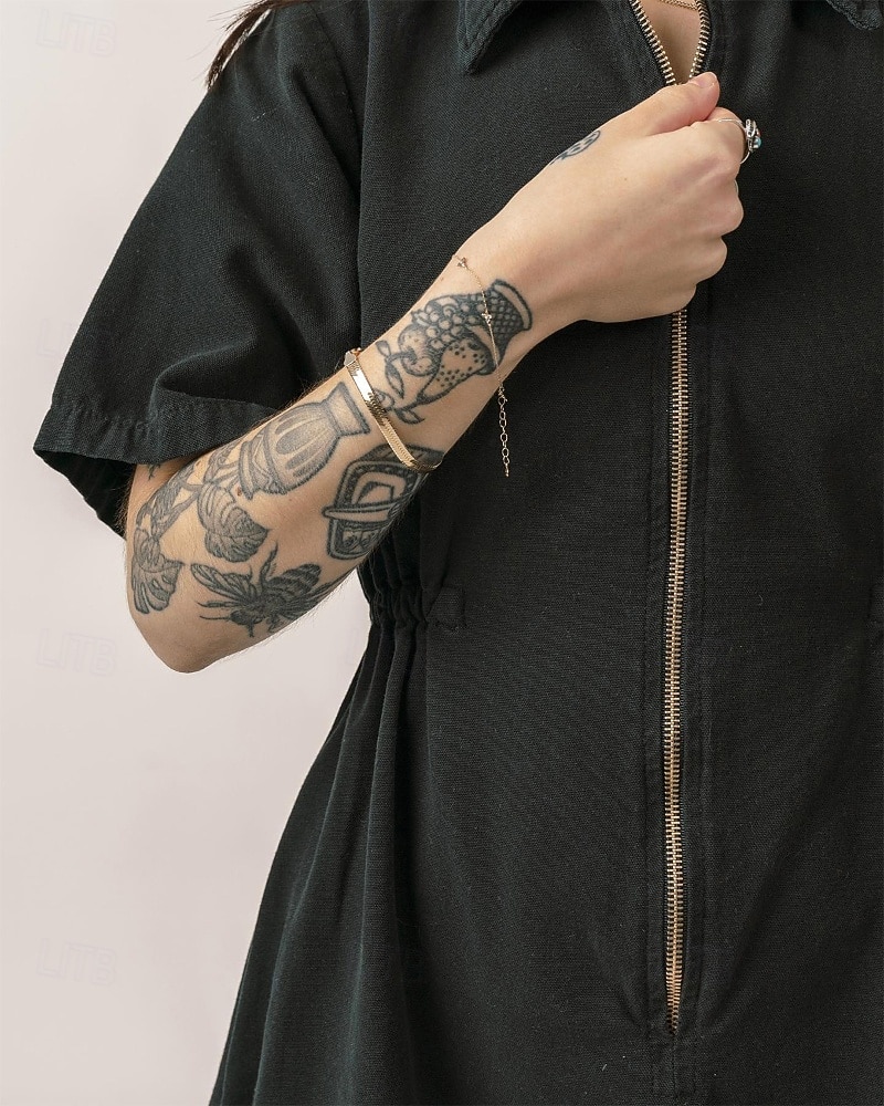 Damen Normal Overall Streetwear Einfarbig Kurzarm Hemdkragen Reißverschluss Ausgehen Wochenende Normale Passform Blau Schwarz Rosa Sommer 2026 - $31.99 –P8