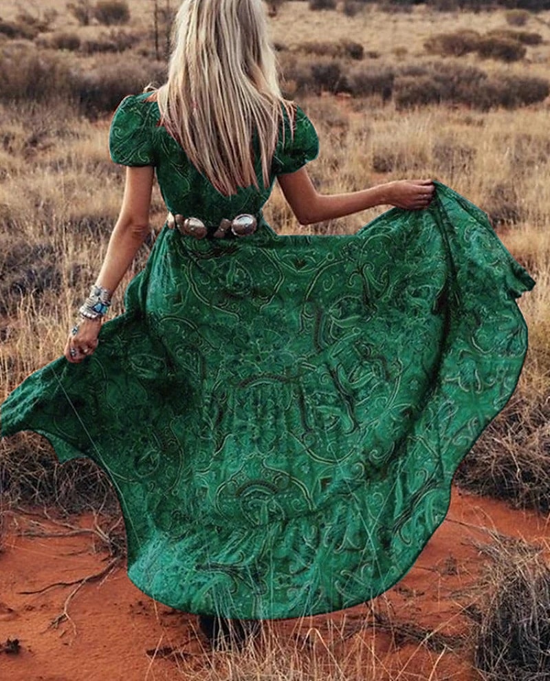 Damskie Sukienka maxi Codzienne sukienki Elegancki Dopasowana Nadruk Krótki rękaw W serek Niebieski Fioletowy Brązowy Zielony Lato 2025 - $28.99 –P2