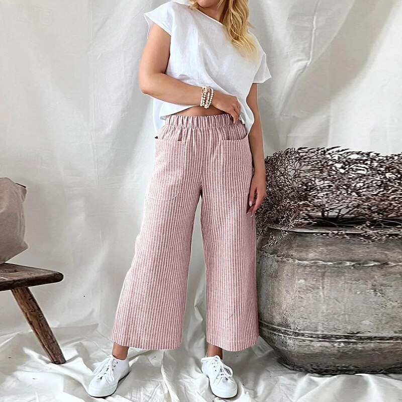 Per donna Pantaloni in cotone e lino Culotte Gamba Larga Pantaloni Eleganti Streetwear Casual Lunghezza intera Naturale A righe Tasca Elastico in vita Comodo Confortevole Streetwear Uscire Aalbicocca del 2025 a $28.99 –P8