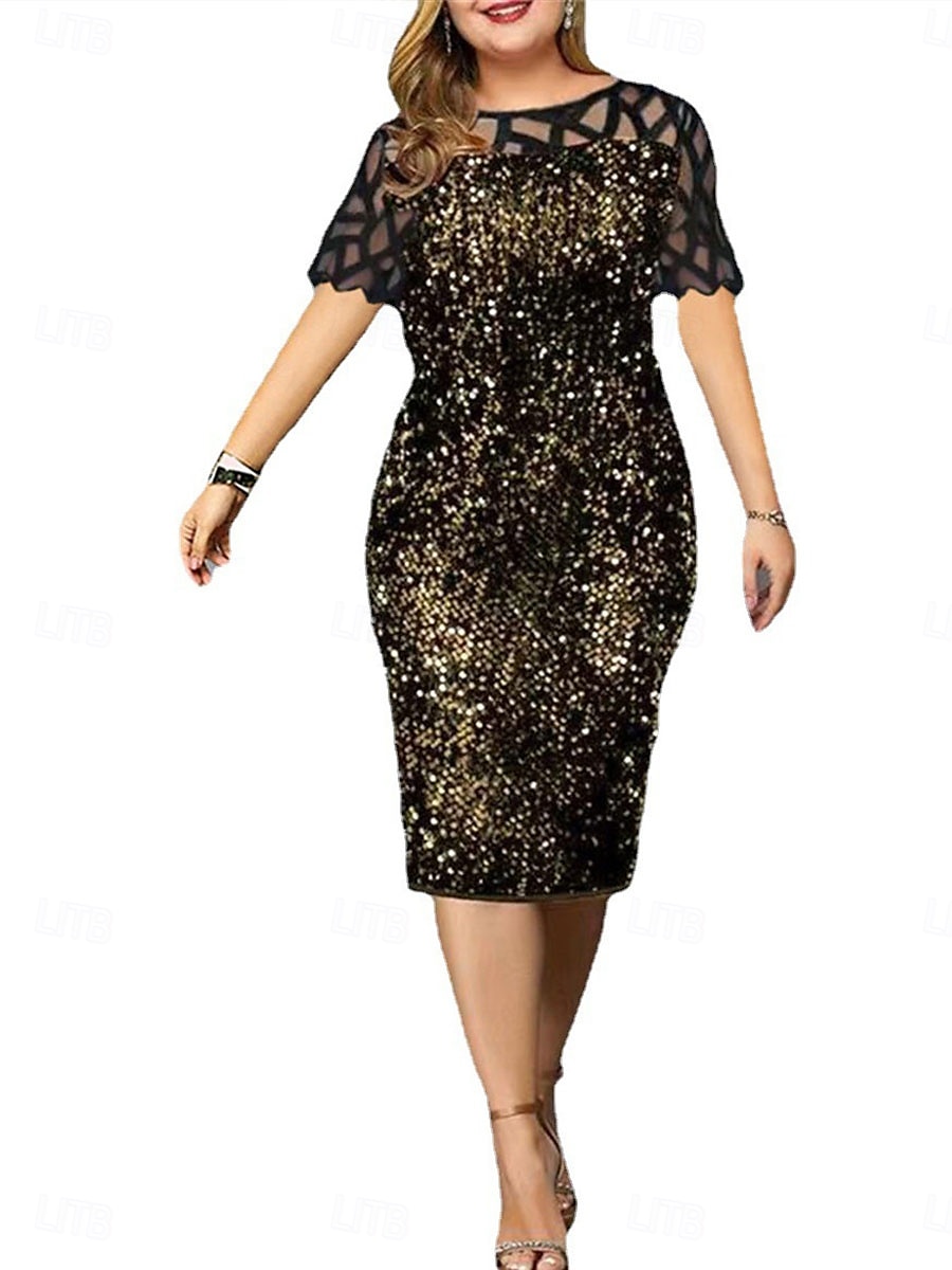 Kleid Brautmutter Kleid Elegant Rundhalsausschnitt Tee Länge Spitze Kurzarm mit Pailletten 2025 - $40.99 –P6