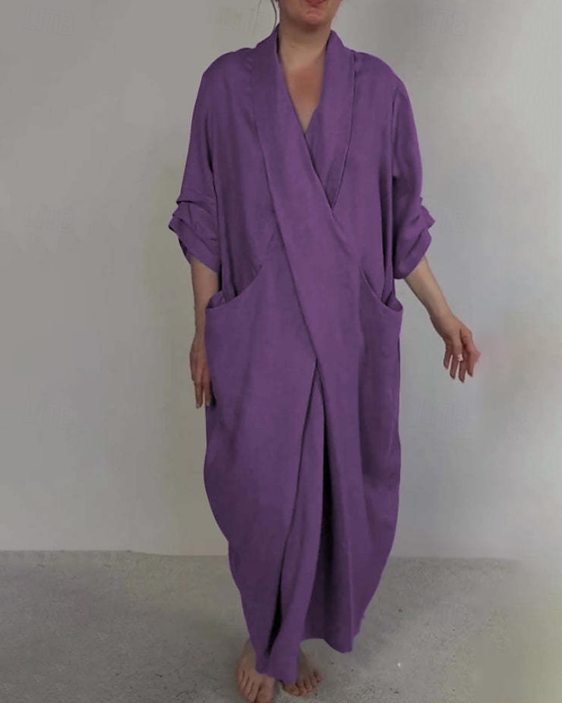 Per donna Abito Lungo Maxi Abito Abito in cotone e lino Moda Moderno All'aperto Vacanza Ferie Vestibilità regolare Semplice Mezza Manica Scollo a V Nero Bianco Blu Viola Estate del 2025 a $26.99 –P9