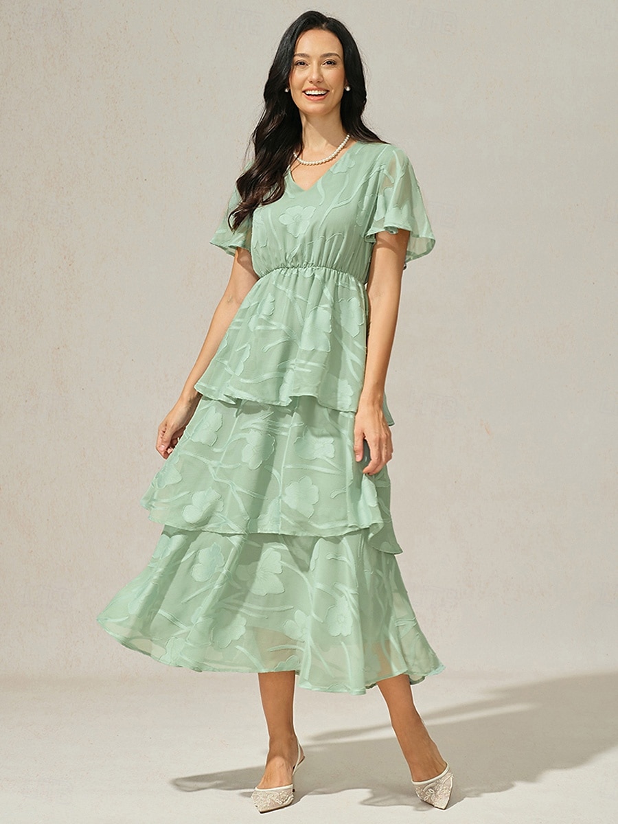 Dames Maxi-jurk A lijn jurk Elegant Formeel Flutter mouw Bruiloft gast Cocktailparty Normale pasvorm Effen Korte mouw V-hals Grijs-Groen Zomer 2025 - $59.99 –P2