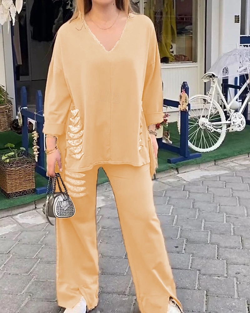 Pentru femei Activ Modă Cămăși Bumbac In Bluză Seturi de pantaloni Manșon Lung În V Culoare solidă Paiete Vacanță Casul / Zilnic Negru Alb Roșu-aprins Vară Fit regulat 2025 - $34.99 –P6