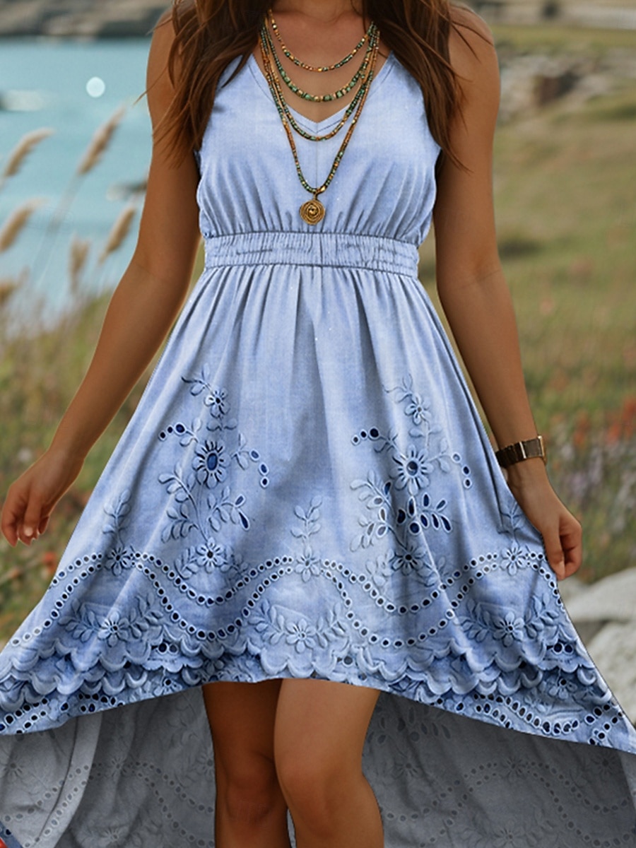 Damen Midikleid A Linie Kleid Sommerkleid Urlaub Lässig Boho Ausgehen Strand Normale Passform Blumen Grafik Ärmellos V Ausschnitt Blau Purpur Grün Khaki Sommer Frühling 2025 - $35.99 –P3