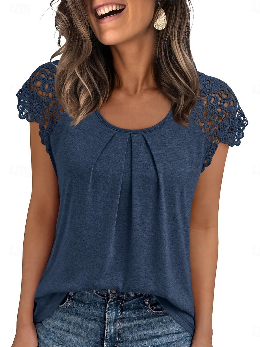 Damernas T-shirt Enfärgad Plain Mode Stilig Klassisk Korta Ärmar Rund Halsringning Regelbundna Toppar Daglig Helg Spets Lappar Svart Blå Grön Khaki Sommar 2026 - $22.99 –P1